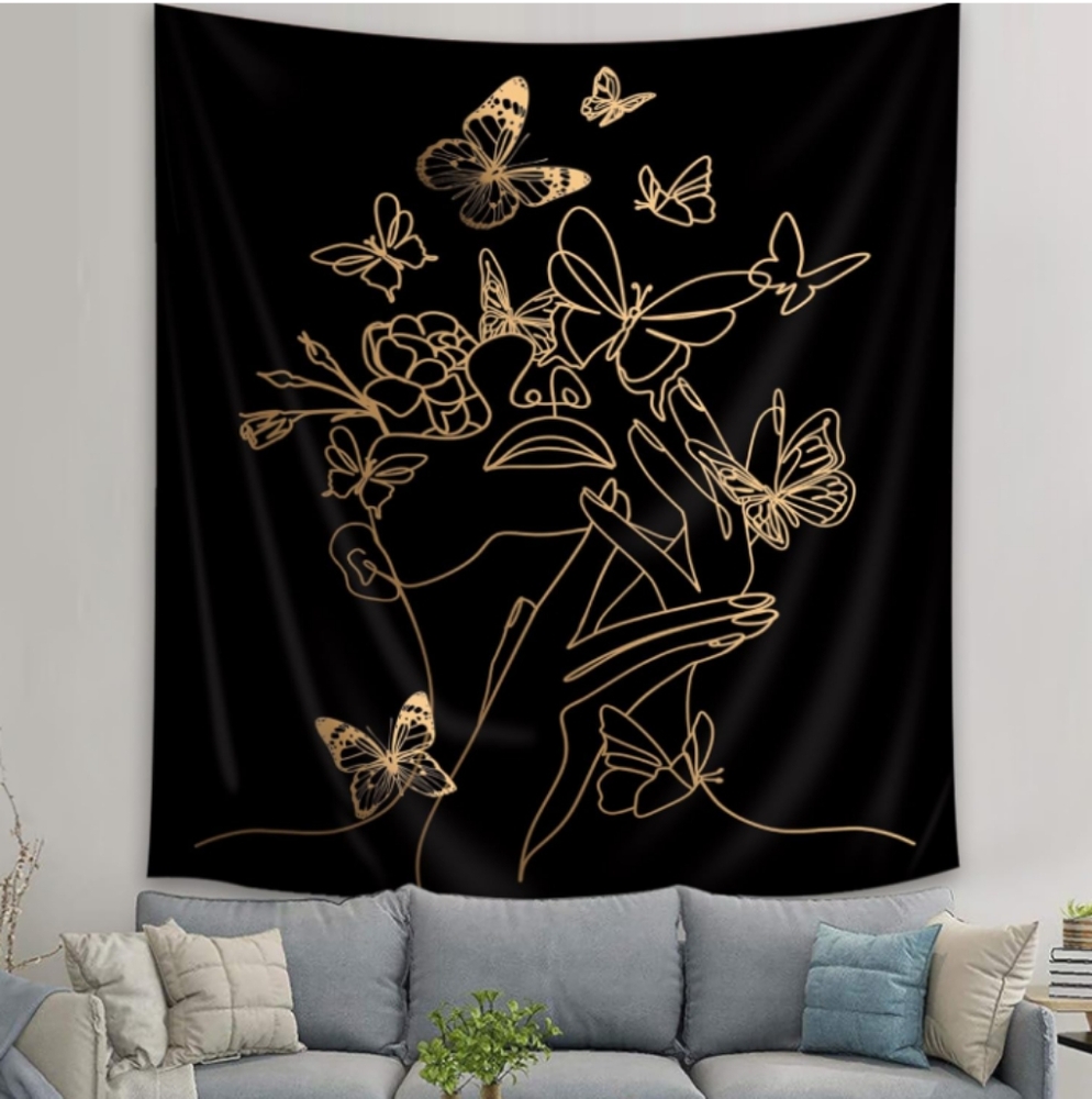 Black n Gold Line Art Floral Wall Butterfly Tapestry Woman Abstract Butterflies